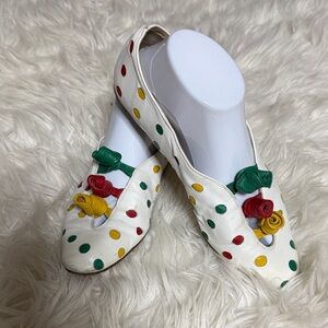 Colorful Polka Dot Flats with Floral Accents in leather sz 8.5 N